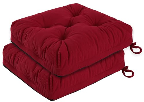 PRIMEPATIO Chair Cushions for Dining Chairs Set of 2, Tufted Overstuffed Textured Booster Foam Chair Pad with Ties and Non-Slip, 8cm Thick Seat Cushions for Kitchen, Garden, 45x45cm, Red