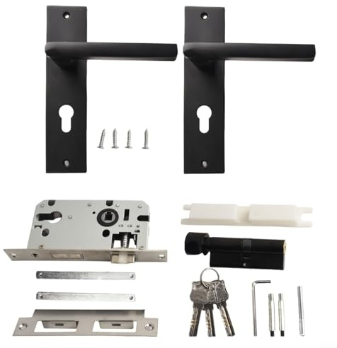 Besttoolifes Maniglia per porta nera con serratura e serratura a chiave per porte in legno, maniglia a leva reversibile silenziosa con cassetta portachiavi, alluminio spaziale
