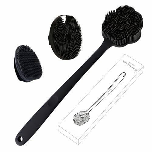 Back Scrubber & Face Scrubber Brush for Shower - 15 Inch Long Handle Double Sided Silicone Body Brush for Exfoliation & Massage, Soft Facial Cleansing Brush, Rich Lathering for Deep Cleansing (Black)