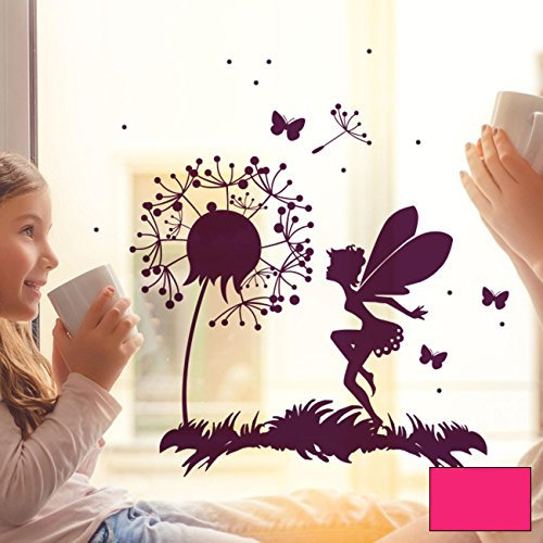 Fensterbild Wandtattoo Pusteblume Fee Schmetterlinge & Punkte Fensteraufkleber Fenstersticker M2093 - ausgewählte Farbe: *pink* ausgewählte Größe: *M - 32cm breit x 32cm hoch*