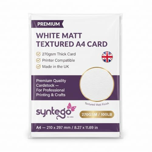 Syntego Matt Textured A4 Card Stock 270gsm for Invitations (50, White) | Wedding Invitations, Menus, Certificates, Place Cards, Inkjet and Laser Printable, Foiling, Embossing, Die-Cutting, Crafts