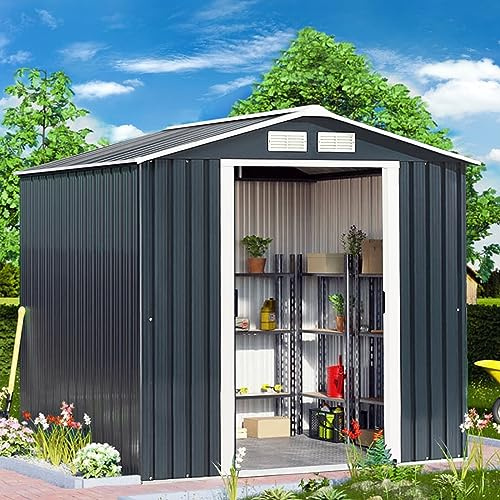 COSTWAY Abri de Jardin Métal 2.7㎡ Toit Incliné, Cabane de Jardin avec 2 Portes Coulissantes Verrouillables, 2 Trous d’Aération, Fondation en Métal, Abri Jardin pour Vélo, Poubelle, Gris