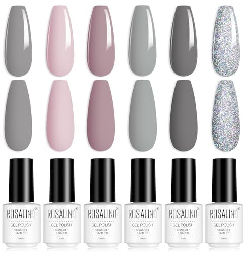 ROSALIND 6 Farben Gel Nagellack, Weiß Rosa Blau Violett Grau Silber Shellac Soak Off UV Nagellack Set Gel Nail Polish Farbgel für Nageldesigns Nail Art Starter Kit 6pcs