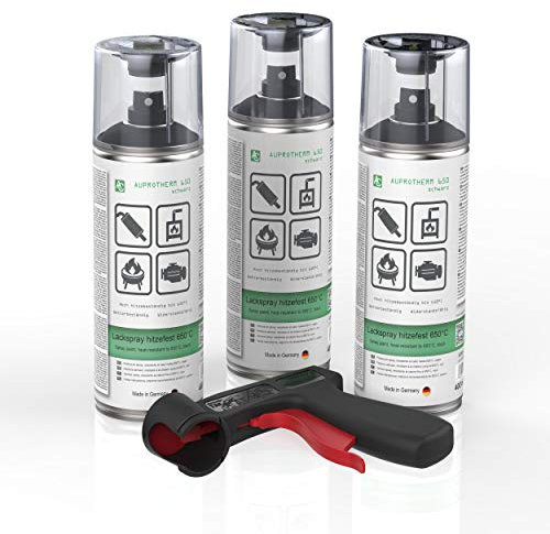 AUPROTEC Lackspray AUPROTHERM 650 schwarz Motor Lack Sprühlack Hitzefest 650°C Spray 3x 400ml + 1x Original Pistolengriff