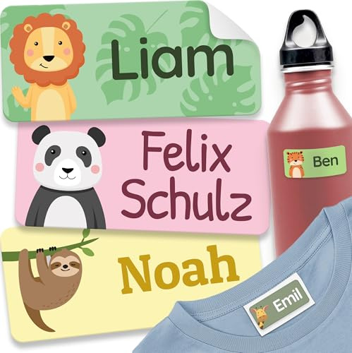 melu kids® Namensaufkleber für Kinder - Kita/Schule (120 Stk, Dschungel) | Waschmaschinenfeste Namensschilder für Kleidung & Gegenstände, Personalisierte Namensetiketten, Selbstklebend