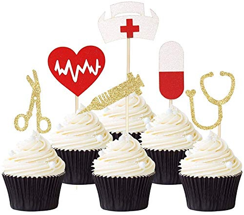 Unimall Global 24 Pcs Glitzer Nursing Cupcake Toppers - 6 Modelle, 7 Größen - Medical Rn Themed Geburtstagsfeier Kuchen Dekoration Picks - Mehrfarbig