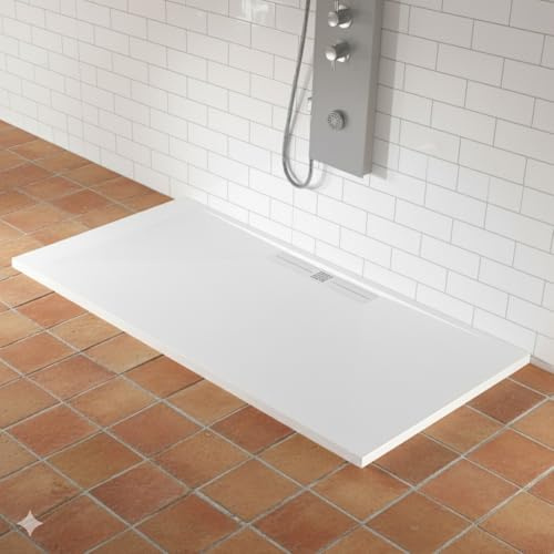 Piatto doccia bianco in marmoresina, scarico laterale, superficie ad effetto pietra ardesia, serie Nizza, slim 3 cm, rivestito di Gelcoat, antiscivolo