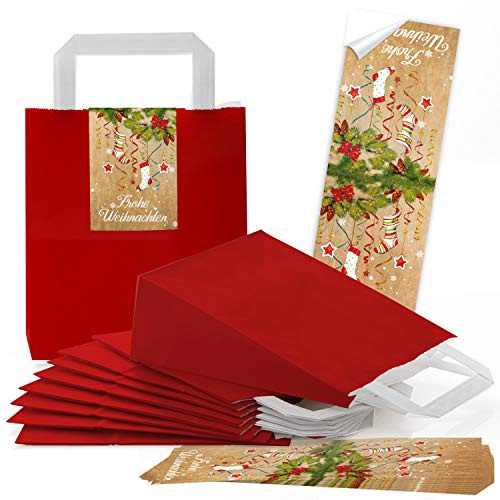 Logbuch-Verlag 10 kleine rote FROHE WEIHNACHTEN Geschenktüte Papiertüte Geschenkbeutel Verpackung 18 x 8 x 22 cm MIT Aufkleber give-away Kunden Gäste