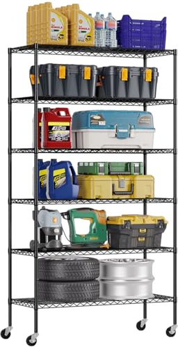FDW | 6-Tier Wire Storage Shelves with Wheels | 45x18x82 | Black | Adjustable Racks | Heavy-Duty Metal Shelf, Holds Upto 2100 lbs | Tool-Free Assembly, Rust-Resistant | for Home & Garage Shelving