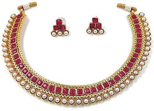 Aheli Ethnic Faux Kundan Pearl Bridal Choker Necklace Indian Traditional Bollywood Jewelry Set with Earrings for Women Girls Red