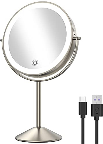 Gospire 8 Zoll Wiederaufladbar Kosmetikspiegel mit Licht, 3 Farben & Dimmable LED, 1X/10X Doppelseitiger Vergrößerung Schminkspiegel, 360°Schwenkbar Make-up Spiegel für Reise Zuhause, Mattnickel
