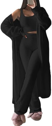 Viottiset Damen Fuzzy 3 Stück Sweatsuit Offene Front Strickjacke Crop Tank Tops Wide Legs Pants Lounge Sets Schwarz L