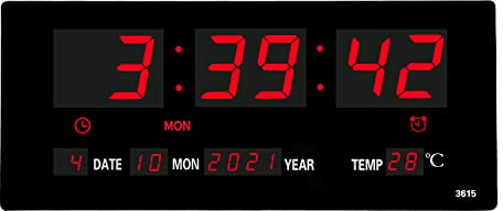 LOTCAIN 14.1 Inch Red Digital Wall Clock, Date/Day/Temperature Display, Energy Saving LEDs, Foldable Stand