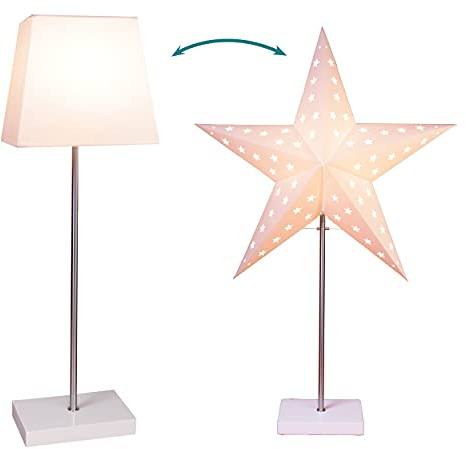 EGLO Weihnachts-Tischlampe mit zwei wechselbaren Lampenschirmen in Weiß | Tischleuchte Weihnachten mit Kabel, Leuchtstern aus Papier, 3D Adventsstern, E14