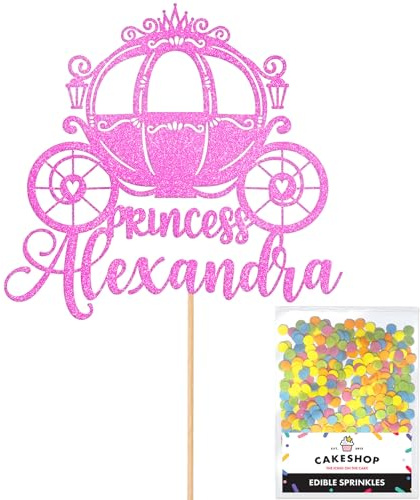 Personalised Princess Carriage Glitter Cake Topper- Light Pink Any Custom Name Glitter Cake Decoration and Sprinkles - Happy Birthday Decorations - Personalised Toppers for Cakes by Cakeshop