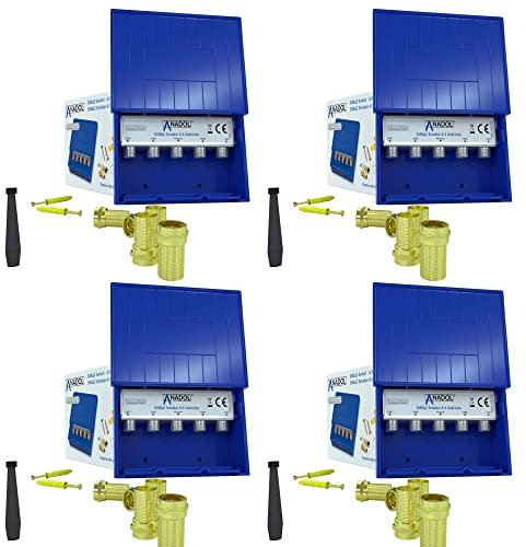 4X Anadol 4/1 Gold Line DiseqC Schalter mit Wetterschutz, Verteilung von 4 Satelliten auf 1 Teilnehmer, Full HD 4K, Switch für Sat Receiver + 20x vergoldet F-Stecker + Kabelbinder + Dübel Schrauben