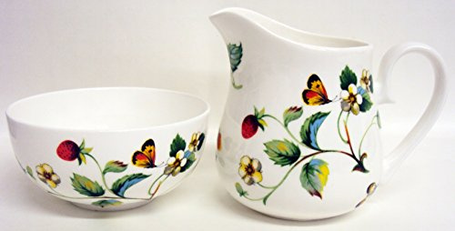Strawberries & Butterflies Cream/Milk Jug and Sugar Bowl Fine Bone China Matching Set Hand Decorated UK