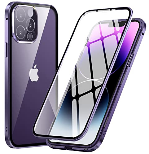MIMGOAL Hülle für iPhone 14 Pro Max 360 Grad Magnetisch Dunkellila | Gehärtetes Glas vorne und hinten, Magnetischer Edelstahlrahmen, Integrierter Kameraschutz, Präzise Ausschnitte