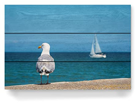 artboxONE Holzbild 45x30 cm Natur Möwe, Meer, Segelboot von Künstler Rico Ködder