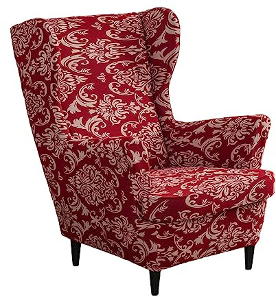 Hiseng Wingback Chair Covers 2 Piece, Wing Chair Slipcover Stretch Slipcovers for Wing Chair Armchair Cover with Elastic Bottom, Furniture Protector for Living Room Bedroom (Red Baroque Style)