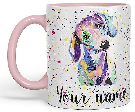 Vixar Personalised with Your Text Dachshund Sausage Dog Wiener Badger Pet Watercolour Art Coloured Ceramic Mug Cup Gift 330ml 11oz Custom Work Office Tea Coffee (Pink)
