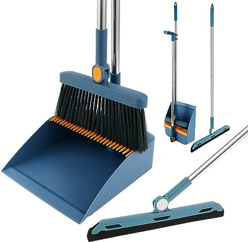 MaLng Long Handled Dustpan and Brush Sets with Floor Squeegee, 180° Rotatable Sweeping Brush, Standing Dust pan Comb Teeth, Upright Household Broom Set for Indoor Home Kitchen Office(Blue)