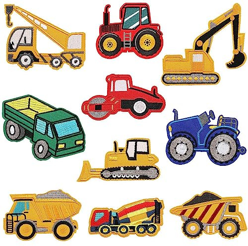10 Stück Baufahrzeug Patch Kit, Bügelflicken Kinder Auto Aufnäher Patches für Jungen, Stickerei-Patches Flicken Zum Aufbügeln Kinder für DIY Jacken T-Shirt Jeans Rucksäcke Mützen