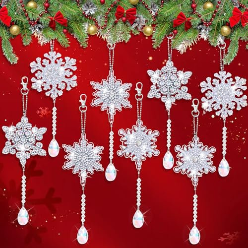 8 Stück Diamond Painting Weihnachten Anhänger Schneeflocken, Schlüsselanhänger Beidseitig, DIY 5D Diamant Painting Geschenkanhänger Weihnachtsbaumanhänger für Erwachsene Unisex