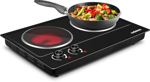 Electric Hob, CUSIMAX Double Hot Plate for Cooking, Electric Ceramic Hot Plate, Portable Double Infrared Cooktop with Dual Temperature Control, 2400W Countertop Cooktop, Heat-Up in Seconds, Black