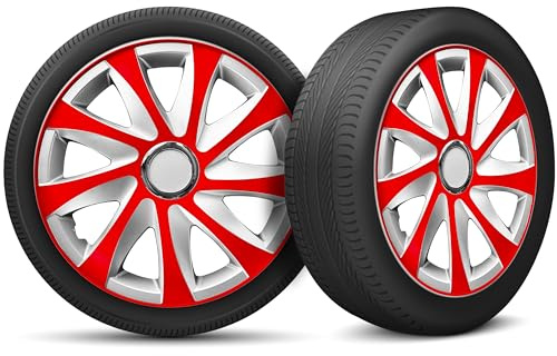 Radkappen 15 Zoll Radzierblenden 4er Set passend für alle Stahlfelgen - Einstellbarer Sicherungsring - Rot Silber