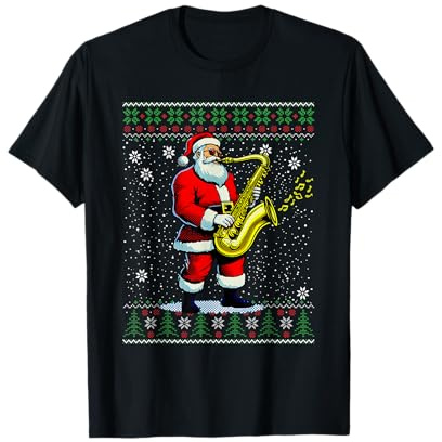 Pull de Noël moche et musical avec motif Père Noël jouant du saxophone T-Shirt