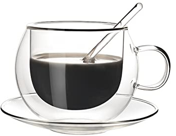 Marooma Kaffemuggsset i Glas, 5,28 Oz Dubbelvägg Kaffemuggar med Handtag, Fat och Omrörningssked, Dryckesartiklar för Cappuccino, Latte, Varma Drycker för Hem och Kontor, Isolerade Koppar(150 ml)