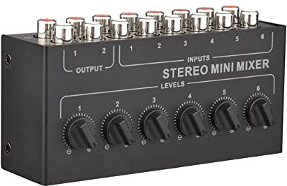 HUIOP Mini Stereo 6 Canali Mixer Passivo Mixer Audio Portatile 6 in 2 out Distributore Stereo Controllo del Volume Nessuna Batteria Richiesta,Mini Mixer Stereo