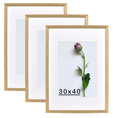 Atryinous Lot de 3 cadres photo en bois - 30 x 40 cm - Avec passe-partout - Format A4-21 x 30 cm - À suspendre/à poser pour photos/affiches/collages - Chêne photo moderne