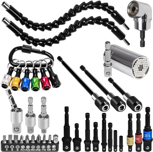 38 Stück Winkelschrauber Set,2stk Flexibler Bithalter Verlängerung und 105°Winkelaufsatz FüR Akkuschrauber,Akkuschrauber Stecknussadapter Set 1/4 3/8 1/2 Zoll,Schraubendreher-Bit-Satz & Bits-Halter