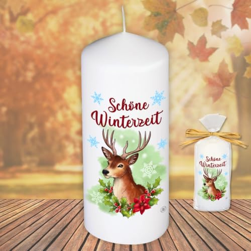 Motivkerze Tiere Stumpenkerze – Schöne Winterzeit, Hirsch - Kerze in Geschenkverpackung mit Schleife | moderne Motive Herbstmotiv Wintermotiv auf Tattoofolie Schiebefolie
