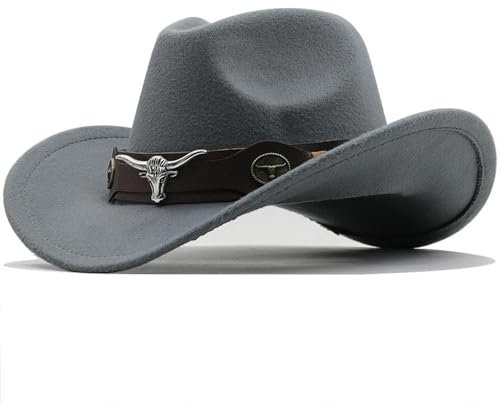 FULUJIDI Fedora Trilby Filzhut Hut Cowboyhut Schwarz Jazz Top Hut Männer Ethnische Band Filz Mütze Frauen Reithut M(56-58Cm) Grau