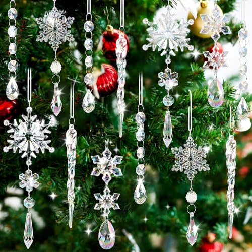 Christbaumschmuck, 18 Stück Weihnachtlicher Baumschmuck Kristall Acryl Eiszapfen Deko Schneeflocke Anhänger Transparent Schmuck Baumschmuck Weihnachten Christmas Weihnachtsbaum Deko