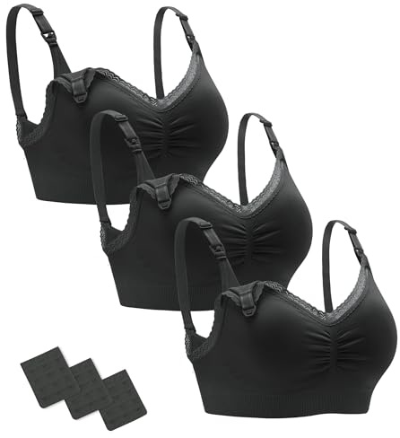 Stelle Lace Nursing Bras for Breastfeeding Seamless Pregnancy Maternity Wireless Bralette with Pads, Extenders(3 Pack Black,S)