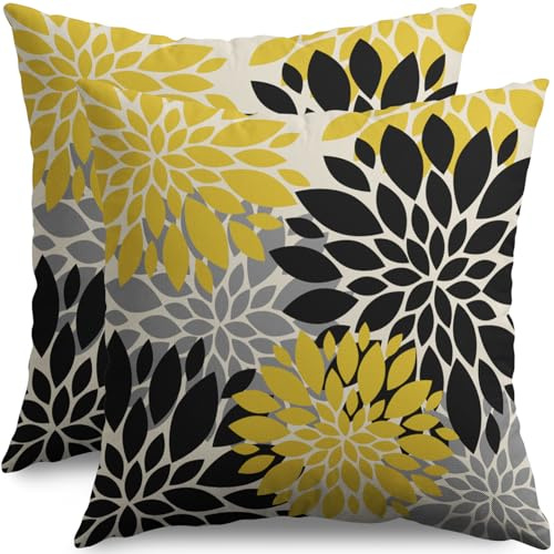 Black Light Yellow Pillow Covers 18X18 Inch Set of 2, Spring Summer Floral Dahlia Flower Cream Decorative Throw Pillow Covers Outdoor Modern Farmhouse Cushion Case for Home Couch Sofa Bed Decor