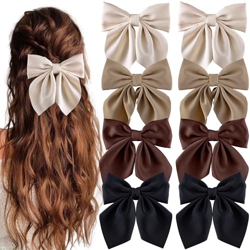 hisial 8 Pcs Hair Bows for Women Short Tail Bow Hair Clips Small Alligator Barrettes Cute Accessories for Girls(Black/Khaki)