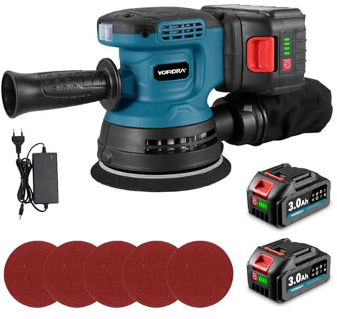 Yofidra Random Orbital Sander, 125mm Cordless Random Orbit 3 Variable Speeds, 12000 OPM, 2PCS 3.0Ah Battery and Charger, with Dust Collection for Wood and Steel