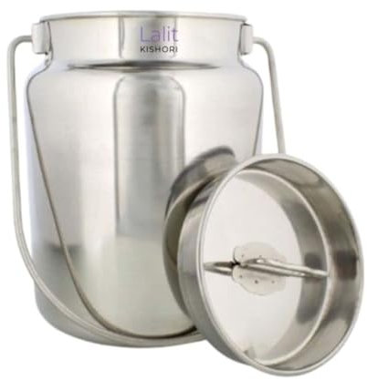 Lalit Kishori Lata de leche de acero inoxidable | Jarra de leche rústica resistente | Jarra de leche sólida | Tanque de leche de moda antigua con tapa (plata, 1.05 galones)