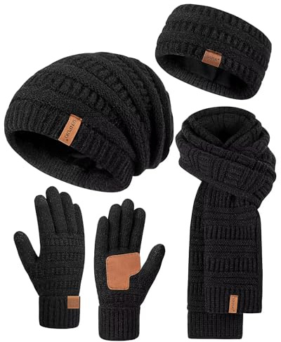 SENPUKI Stirnband, Mütze, Schal & Handschuh-Sets für Damen, Slouchy Beanie Mütze Ohrenwärmer Stricken Schal Touchscreen Handschuhe Warm 4-in-1 Geschenk Set