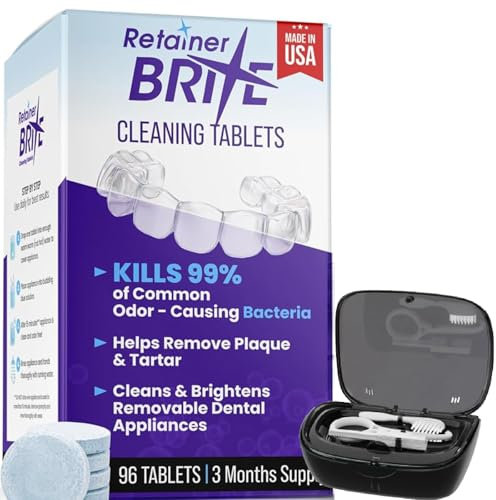 Retainer Brite Cleaning Tablets 96 Pack – Retainer Cleaner & Denture Cleaning Tablets with Retainer Box & Brushes – Aligner & Invisalign Cleaner for Teeth Retainers, Mouth Guard & Oral Hygiene