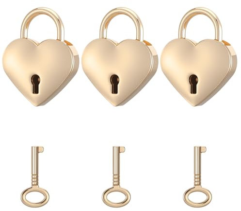 3Pc Mini Heart Lock with Key, Small Heart Shaped Padlock, Gold Love Locks for Diary, Jewelry Box, Storage Box, Keychain Lock, Gold Metal Padlock, Valentine Gift
