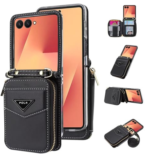 ESONG Fodral för Samsung Galaxy Z Flip 7,högklassigt läder plånbok telefonfodral med korthållare/ställ,Crossbody mobilfodral,Stötsäkert Skal,Stöttåligt Stötfångarhölje Case för kvinna-Svart