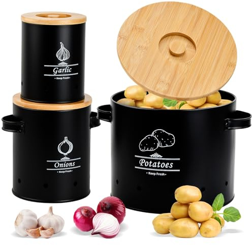 Ecofocet Kartoffel Aufbewahrungsbox 3er Set, Vorratsdosen für Kartoffeln, Zwiebeln & Knoblauch, Metall mit Lüftungslöchern, Stapelbares Design mit Bambusdeckel, Küche Organizer für Gemüse (Schwarz)