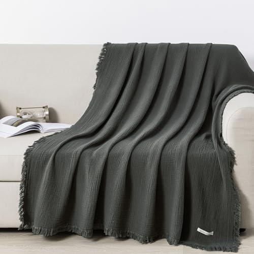 WONGS BEDDING Coperta in mussola 150 x 200 – 100% cotone, a 4 strati, morbida, delicata sulla pelle e traspirante, per divano letto, divano, antracite