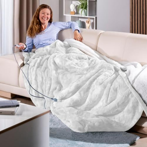 Delindo Lifestyle Heizdecke mit Abschaltautomatik 215 x 240 cm, große Kuscheldecke XXL mit 9 Temperaturstufen, mit Lammfell Optik, weiß